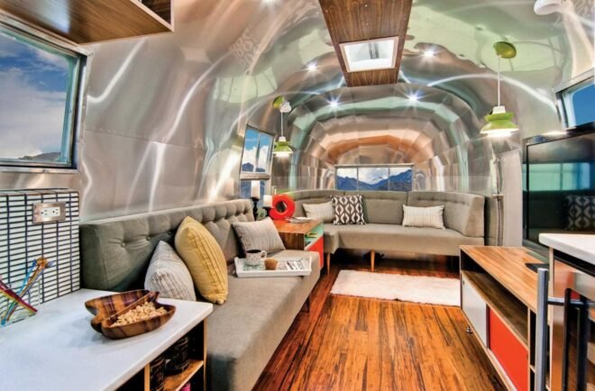 Airstream interior with long sectional sofa