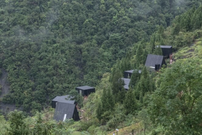 triangular and rectangular black cabins