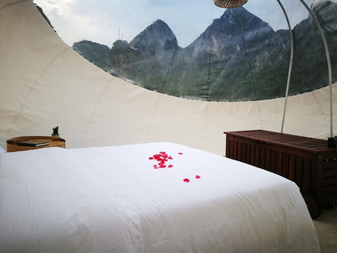 bed with rose petals inside transparent bubble dome