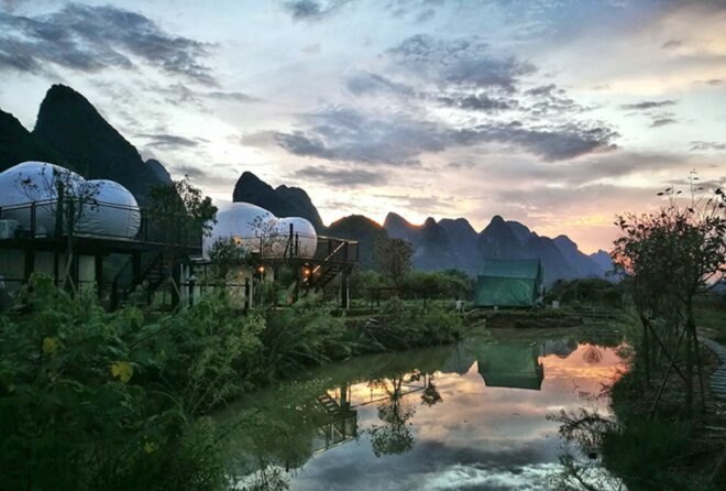 white bubble domes surrounded by greenery at sunset
