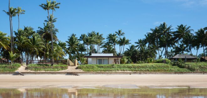 beach house nestled next to palm trees near ocean waves