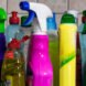 colorful plastic cleaning products on a counter