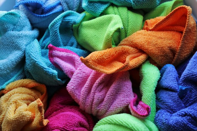 pile of colorful terry cleaning cloths