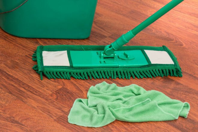 green mop, green mop bucket and green microfiber cloth