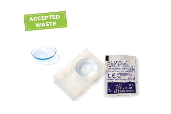 acuvue contact case and contacts on white background with green text that reads "Accepted Waste"