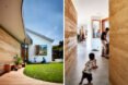 curved home addition attached to white house and a child running through a hallway with rammed earth walls