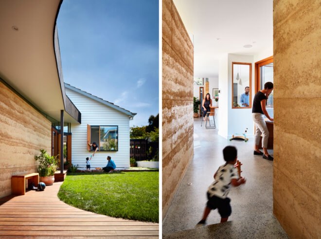 curved home addition attached to white house and a child running through a hallway with rammed earth walls