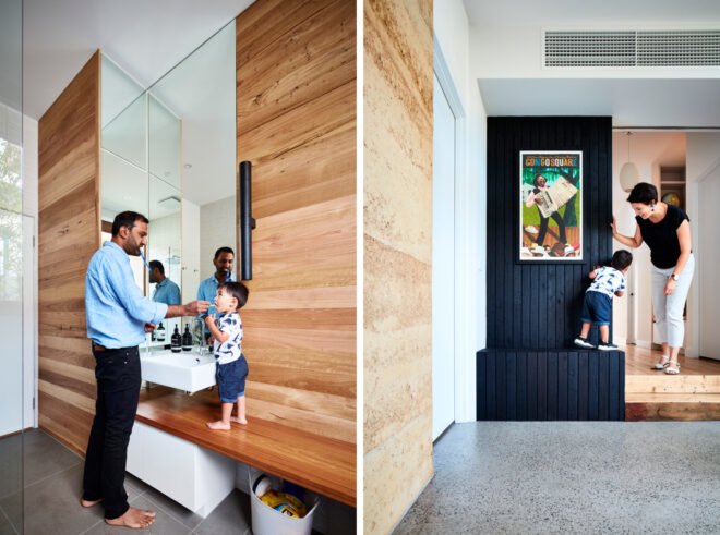 father and son brushing teeth at bathroom sink and mom and child talking next to a dark wall