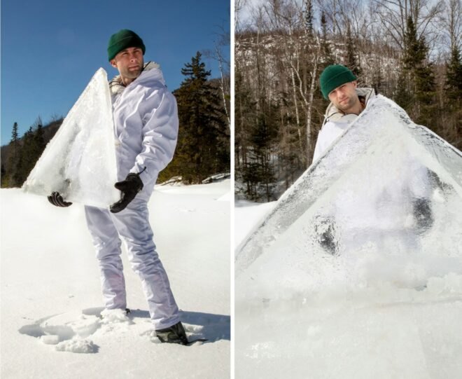 man holding a frozen triangular panel