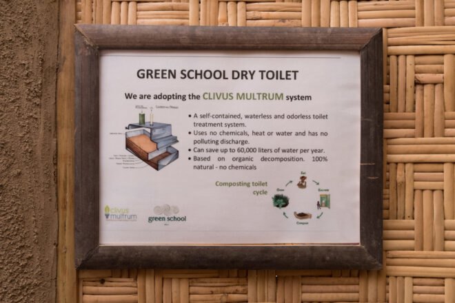 framed paper describing process of a dry, composting toilet