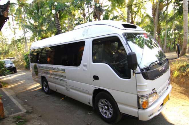 white bus powered by biofuel
