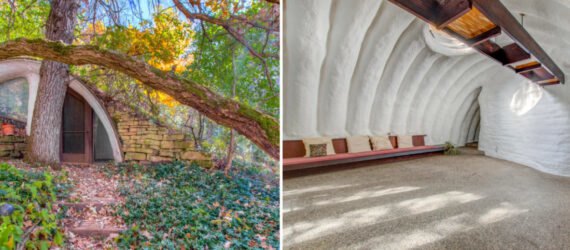 curved hobbit house with green roof and white living room with curved ceiling