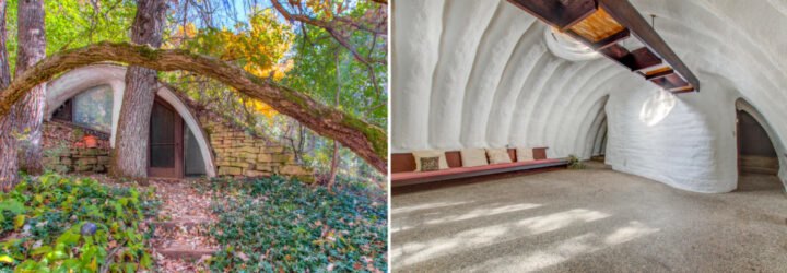 curved hobbit house with green roof and white living room with curved ceiling
