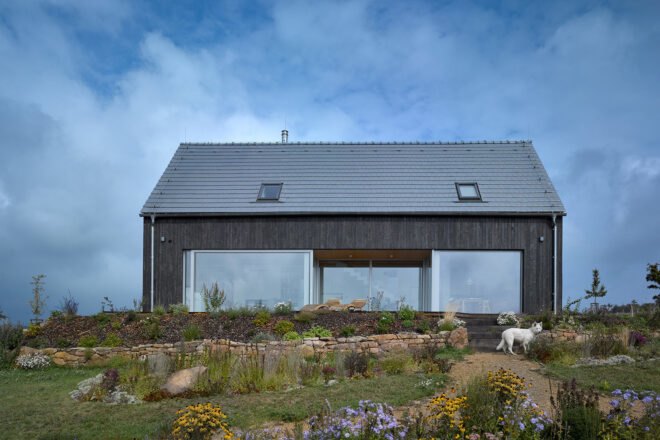 passive house surrounded by greenery and three white dogs