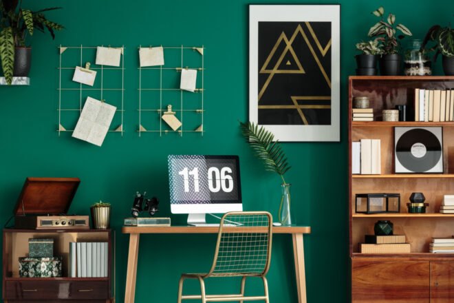 green wall behind home office