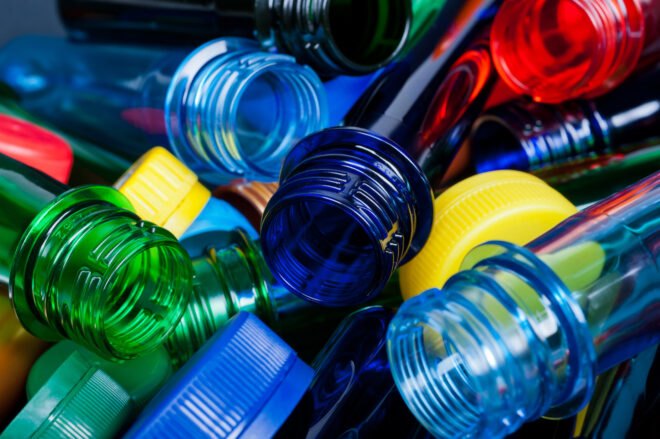 blue, green, red, yellow bottles