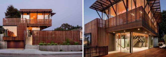 Tall, staggered home with glass walls and wooden screens