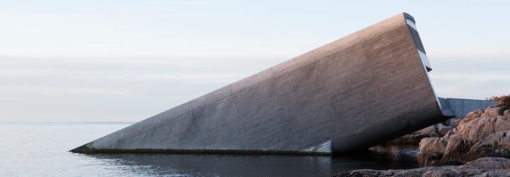 long gray building partially built underwater