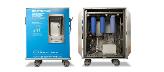 blue box on wheels with water systems inside