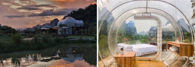 white and transparent bubble domes at sunset and interior of transparent bubble dome with large white bed