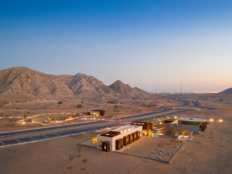 aerial view of concrete building in a desert