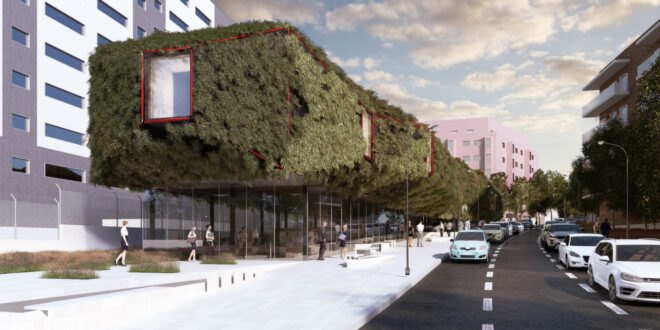 building with bottom floor of glass walls and top floors shrouded in greenery