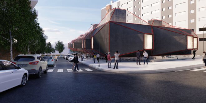 people walking toward building with wire mesh exterior