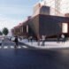 people walking toward building with wire mesh exterior
