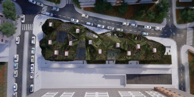 aerial view of green building