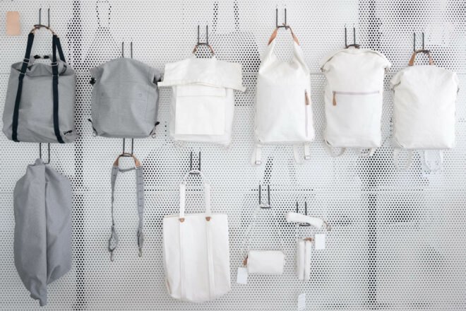 bananatex bags that are white and gray