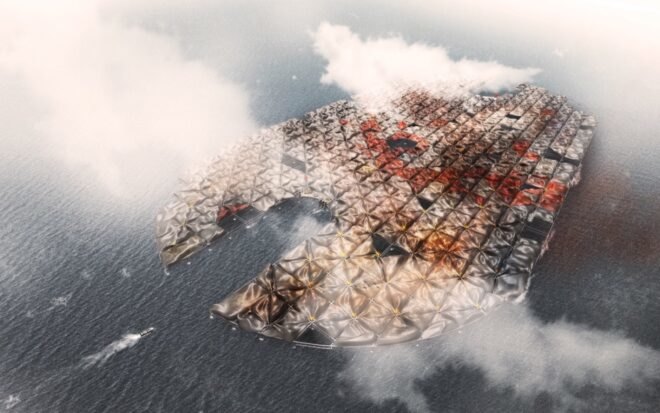 rendering of man-made island with colorful surface