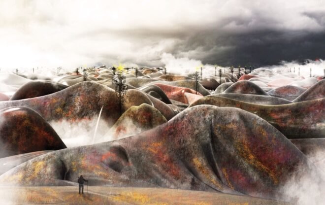 rendering of man-made mountains with colorful surface