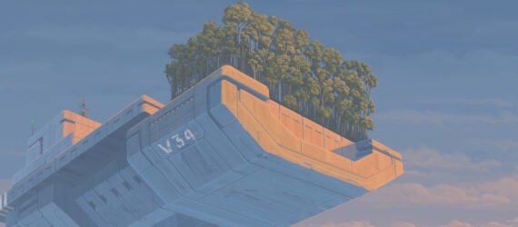 rendering of person looking at trees on floating platform