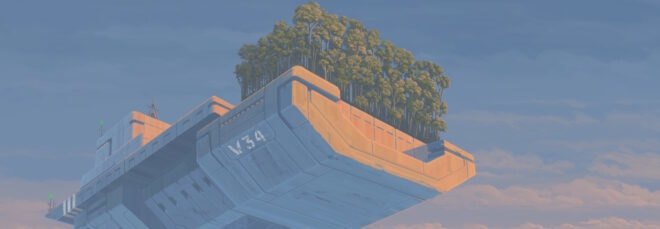rendering of person looking at trees on floating platform