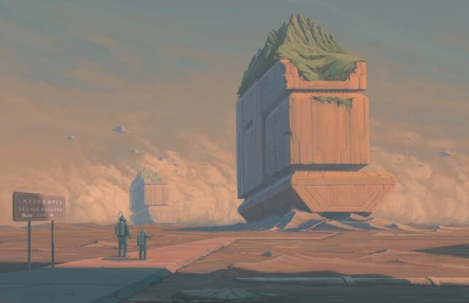 rendering of person viewing mountains on a pedestal