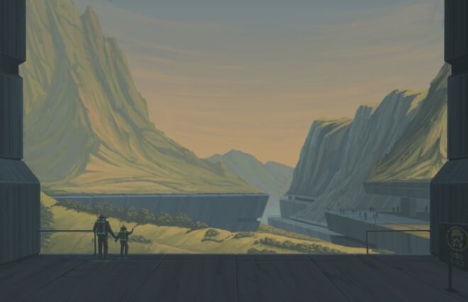 rendering of people looking at mountains on pedestals