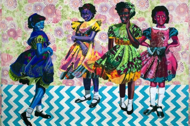 recycled fabrics made into a colorful quilt with various vibrant patterns