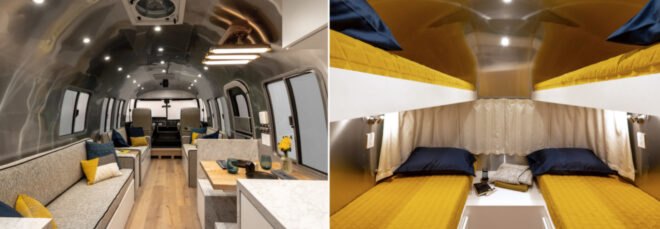 On the the left, Airstream interior with three sofas. On the right, two bunk beds with mustard yellow bedding.