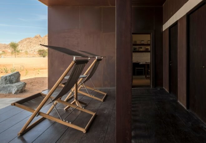 seating area made of weathered steel panels