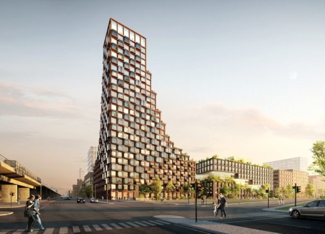 rendering of terraced apartment building with roof terraces