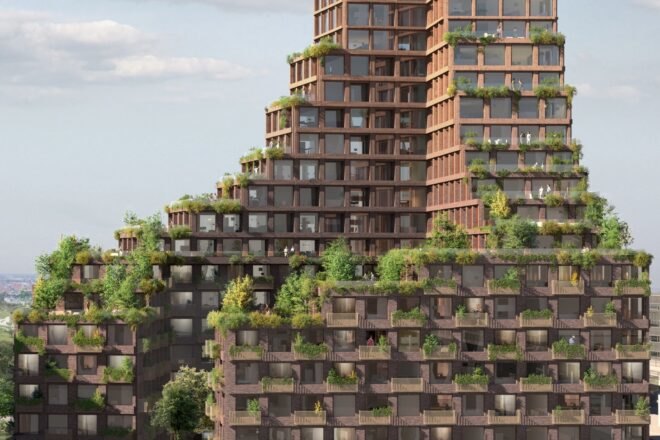 rendering of greenery-filled rooftop terraces