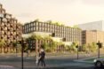 rendering of people walking by building topped with plants