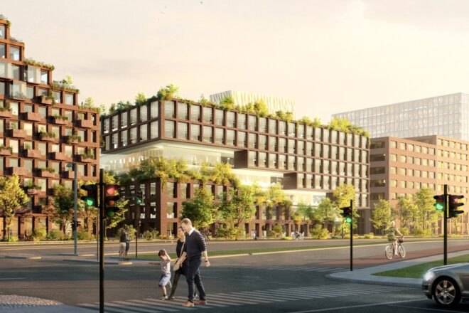 rendering of people walking by building topped with plants