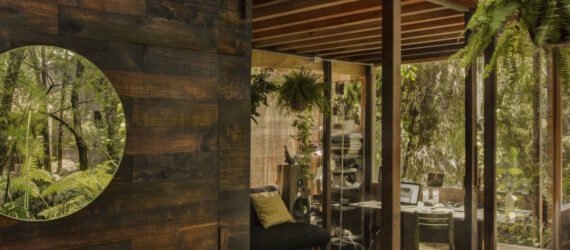 view of the interior of the home through large glass windows surrounded by trees and plants