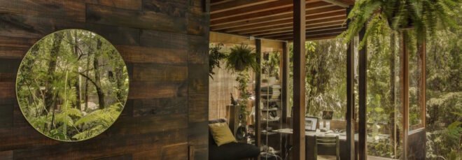 view of the interior of the home through large glass windows surrounded by trees and plants