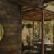 view of the interior of the home through large glass windows surrounded by trees and plants
