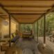 music studio with drums and couch outdoor patio and large windows