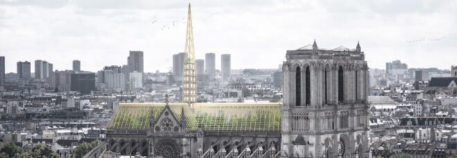 rendering of Notre Dame with greenhouse roof