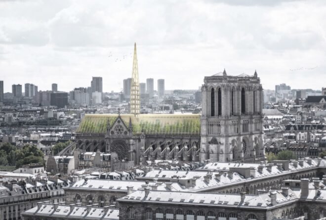 rendering of Notre Dame with greenhouse roof