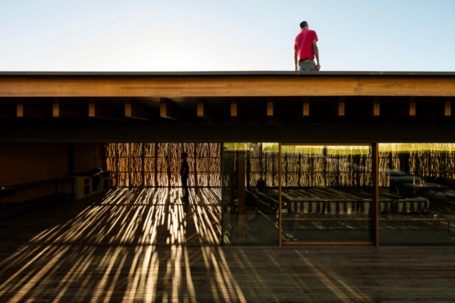 person standing on a green roof